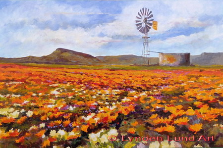 #374 Namakwaland Flowers with windpump. 600x400mm x20mm R1850-00 Incl P&P in SA